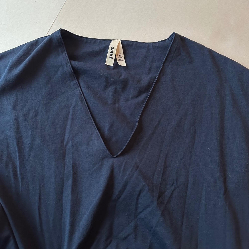 Pact Organic Cotton Twist Front V-Neck Midi Dress Navy Blue Sleeveless M - Picture 2 of 7
